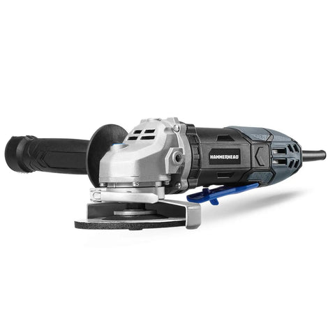 Side view of 6 Amp 4-1/2 Inch Angle Grinder with 3 grinding wheels, tool-free guard adjustment, onboard wrench storage