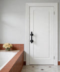 Dope Industrial Pipe Barn Door Handle Set In Rustic Black Iron, Front Sliding Gate Hardware, 12 Inch Door Pulls installed on white door