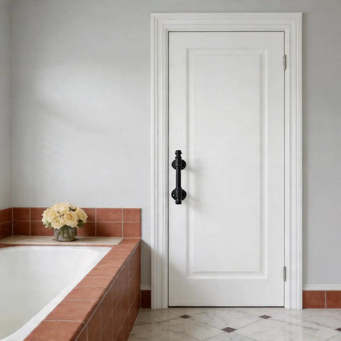 Dope Industrial Pipe Barn Door Handle Set In Rustic Black Iron, Front Sliding Gate Hardware, 12 Inch Door Pulls installed on white door