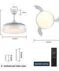 Diagram of 42 Inch Dope Retractable Blades Ceiling Fan With Lights, dimensions, remote, rods, and blades depicted in white finish.