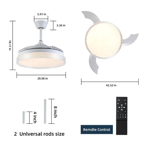 Diagram of 42 Inch Dope Retractable Blades Ceiling Fan With Lights, dimensions, remote, rods, and blades depicted in white finish.