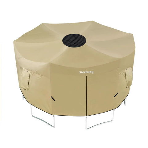 16 Foot Trampoline Tent Cover For Round Trampolines With 6 Straight Poles Or W Shape Legs installed in backyard