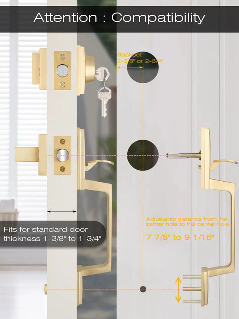Rock Solid Heavy Duty Square Entry Door Handle And Single Cylinder Deadbolt Lock Set With Key In Satin Brass Finish For Your Front Exterior Door Delivering Dependable Home Security You Can Trust, showing compatibility details and key.
