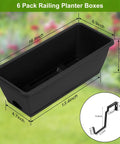 Six Pack Deck Railing Planter Boxes With Adjustable Brackets In Black For Flowers Herbs And Strawberries, shown with dimensions