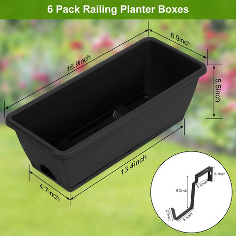 Six Pack Deck Railing Planter Boxes With Adjustable Brackets In Black For Flowers Herbs And Strawberries, shown with dimensions