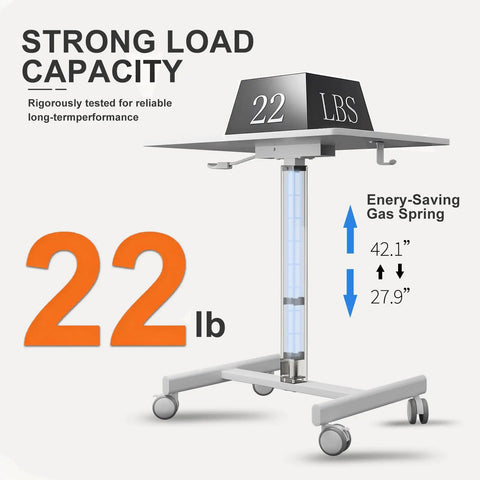 Mobile T Shaped Pneumatic Height Standing Desk On Lockable Wheels Sit To Stand Adjustable Desk holds 22 lbs with gas spring