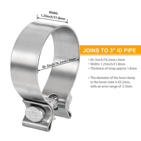 3 Inch Exhaust Clamp Stainless Steel Narrow Band Beefed Up For 3 Inch OD Pipe Muffler Clamp Two Pack Close Up