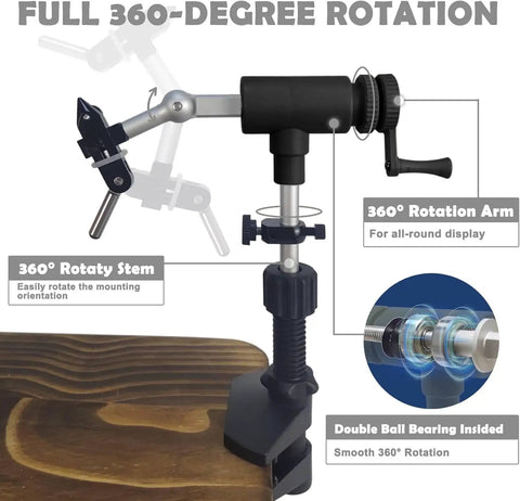 Top Shelf Rotary Fly Tying Vise With True Dual Bearing Spin And Heavy Duty Carbon Steel Jaws Rotates Dead Smooth Every Time. 360° rotatable stem and arm.