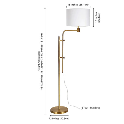 Height Adjustable Floor Lamp With Dope Fabric Drum Shade In Brass White Finish For Living Room Industrial Style Steel Frame 8 Ft Cord
