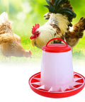 Heavy Duty Plastic Hanging Chicken Feeder For Coop No Nonsense Design Quick Assembly Automatic Poultry Feed Dispenser showing red base and clear container.