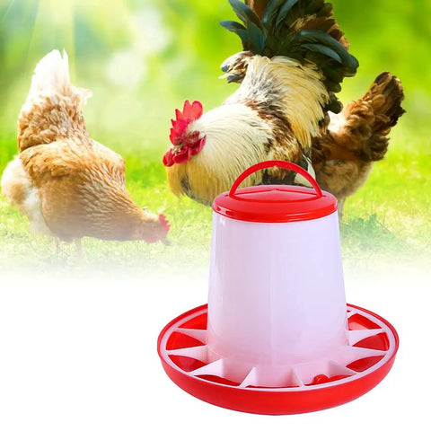 Heavy Duty Plastic Hanging Chicken Feeder For Coop No Nonsense Design Quick Assembly Automatic Poultry Feed Dispenser showing red base and clear container.