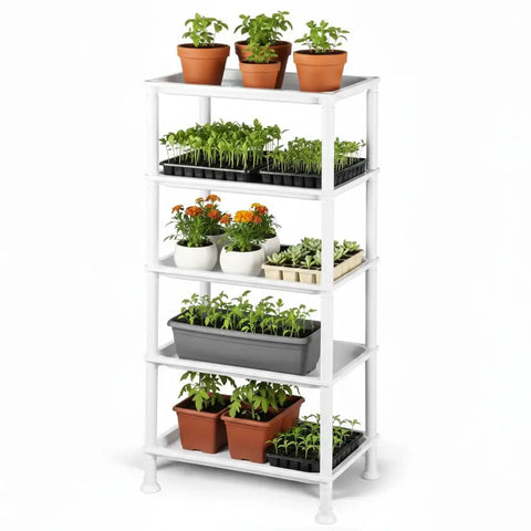 Five Tier Seed Starter Tray Stand With Self Watering Reservoir For Indoor And Outdoor Seedlings And Greenhouse Use A Space Saving Shelf For Small Cell Trays And Nursery Pots White