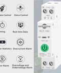 Heavy Duty Smart WiFi Circuit Breaker With Slick App Command And Easy Peasy Setup Offers Solid 63A Adjustable Load Protection Plus Quick Alerts And Auto Power Cut For Real Home Peace Of Mind In Convenient Two Pack Design, showing remote control features and power stats.