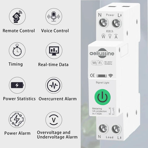 Heavy Duty Smart WiFi Circuit Breaker With Slick App Command And Easy Peasy Setup Offers Solid 63A Adjustable Load Protection Plus Quick Alerts And Auto Power Cut For Real Home Peace Of Mind In Convenient Two Pack Design, showing remote control features and power stats.