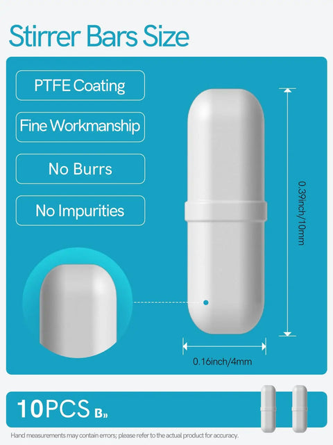 Diagram of 10 Pack PTFE Magnetic Stir Bars 0.39 Inch 10mm B Type Laboratory Stirring Rods For Lab Home University Factory Self Stirring Cups