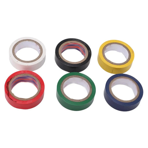 6 rolls of electrical tape in white, red, black, green, yellow, and blue for various wiring tasks.