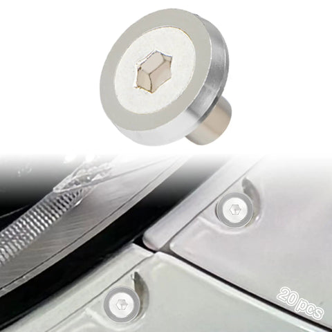 Flare Hardware Kit For M6 Mounting With 20 Silver Flat Aluminum Washers 18mm, 20 Stainless Bolts M6 X 20mm, 20 M6 Rivet Nuts, 20 Rubber Spacers, And 1 Hex L-Key For Plug-And-Play Install, Flush Surface-Smooth Fit On Trucks Or SUVs. silver M6 washer and bolt mounted on vehicle panel, 20 pcs