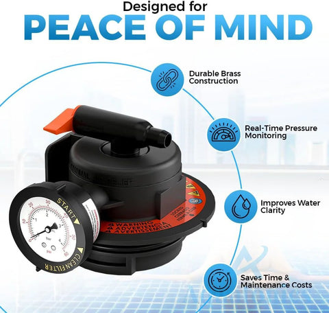Manual air relief valve assembly with pressure gauge and O-rings; black plastic valve with orange lever, front view.
