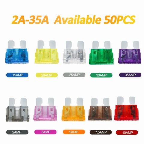 Built Tough Standard Blade Fuses Assortment Kit 30 Pack Automotive Electrical Replacement For Cars Trucks Boats And Suv Hella Durable Overload Protection 2A To 40A Amperage, 15 to 35A assorted fuses displayed.
