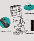 Diagram of the Compact Palm Wood Router Kit With 32000 RPM No Load Speed, Dust Proof Switch, and cooling vents details.