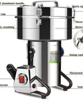 Beast 2000g Stainless Steel Electric High Speed Grain Grinder Mill features detailed parts like switch and blade.