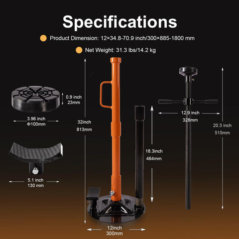 Heavy Duty Underhoist Jack Stand Built Like A Tank For One Ton Loads With Wide Steel Base and Dual Pads specifications including dimensions and weight.