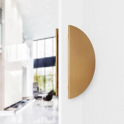Side view of Half Round Pull Handle Double Sided Heavy Duty Aluminum Push Pull Handle in gold finish on a wooden door.