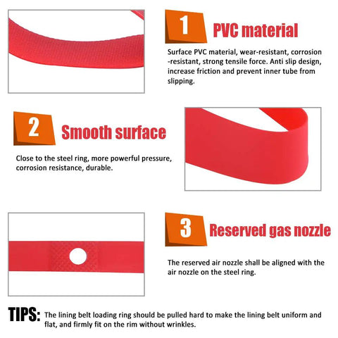 Close-up of red tire liner showing PVC material, smooth surface, and reserved gas nozzle. 2Pcs Bike Tire Liner For Flat Proof Rides.