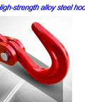 Close-up of red 3 Ton Automatic Decoupling Lifting Hook For Forklifts, Thickened Alloy Steel Self Dumping Lifting Tool For Heavy Loads