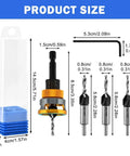 Built Tough Countersink Drill Bit Set With Adjustable Depth Stop And Quick Change Hex Shank for woodworking, features sizes and dimensions.