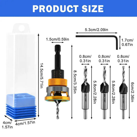 Built Tough Countersink Drill Bit Set With Adjustable Depth Stop And Quick Change Hex Shank for woodworking, features sizes and dimensions.