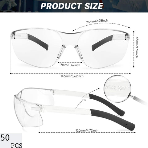 Tough As Nails ANSI Z87.1 Certified Safety Glasses For Men with dimensions 75mm wide and 43mm tall, featuring polycarbonate lenses.