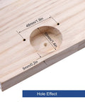Front view of a 35mm hinge boring jig on wood, showing a 35mm bore, 48mm spacing, and pilot holes