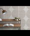 Fresh Geometric Stripe Vinyl Wall Covering With Slick Matte Linen Texture on a stylish wall in a cozy setting with a desk.