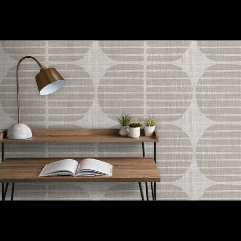Fresh Geometric Stripe Vinyl Wall Covering With Slick Matte Linen Texture on a stylish wall in a cozy setting with a desk.