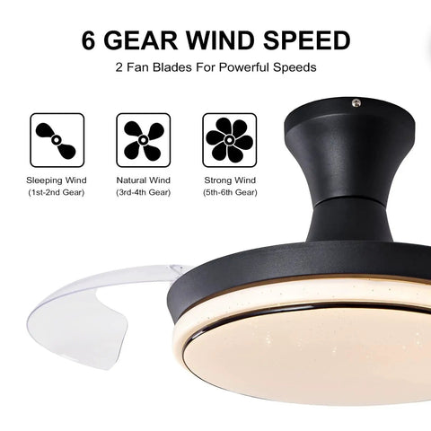 Retractable 40 Inch Black Ceiling Fan With Light And Remote, focus on acrylic blades, low profile mount, 6-speed motor details