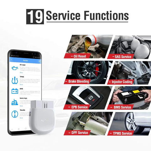 Bluetooth OBD2 Scanner With Full System Diagnostics And 19 Service Functions Code Reader For iPhone And Android Compact MK808 Style Diagnostic Tool Easy VIN Scan Real Time Data Fast Bluetooth Pairing No Fuss Plug And Play with smartphone and service icons