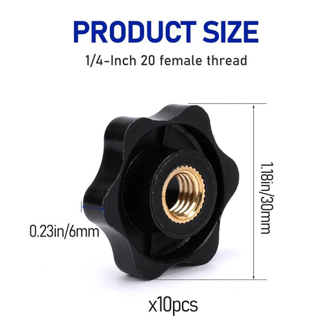 Mozeat 6-star clamping knob set, black star knob with 1/4-20 female thread and brass insert, 10 pcs