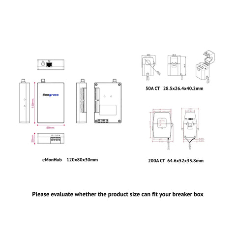 AI Powered Smart Energy Monitor Home Circuit Tracker Real Time Electric Usage Meter dimensions showing eMonHub and CT sizes for easy installation.