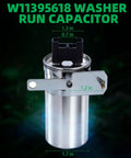 Washing machine run capacitor replacement unit with silver cylindrical can and black plastic connector mounted on a metal bracket.