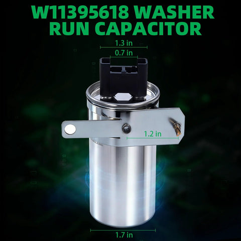 Washing machine run capacitor replacement unit with silver cylindrical can and black plastic connector mounted on a metal bracket.