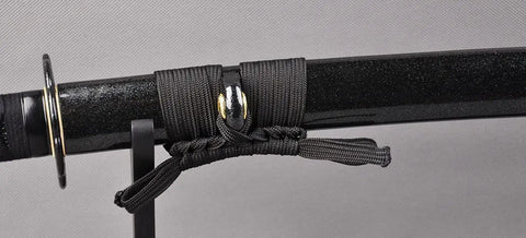Close-up of handle detail of Practice Katana Sword With Full Tang Aluminum Steel Blade Blunt Edge For Safe Iaido Training Japanese Samurai Bushido Style 40 Inch Overall Length Trainer Grade