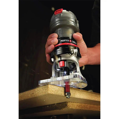 Corded Router With 4.5 Amp Motor And 31,000 RPM, Quarter Inch Laminate Trim being used on a wooden board