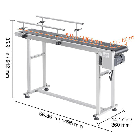 Industrial Grade Motorized Belt Conveyor For Inkjet Coding 59 By 7.8 Inch Stainless Steel Table Anti Static PVC Belt front view