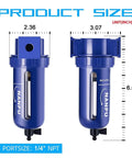 Quarter Inch NPT Air Filter With Brass Element, 5 Micron, Zinc Alloy Body dimensions shown with quick release bowl