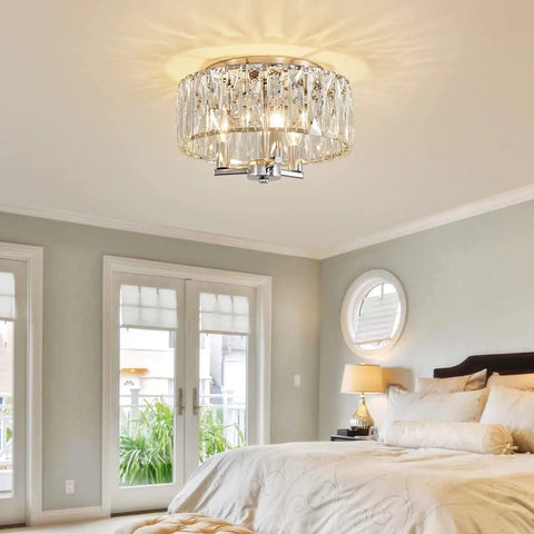 K9 Crystal Flush Mount Ceiling Light Fixture In Chrome Finish for Living Room with sparkling crystal sticks lampshade
