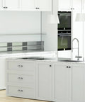 Modern kitchen with Ten Pack White Marble Grain Kitchen Cabinet Knobs With Black T Bar Hardware on drawers and doors.