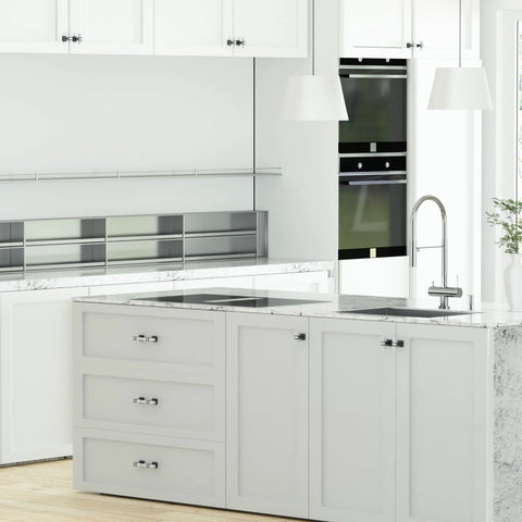 Modern kitchen with Ten Pack White Marble Grain Kitchen Cabinet Knobs With Black T Bar Hardware on drawers and doors.