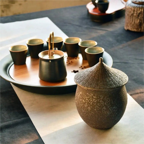 Retro Styled Sealed Ceramic Jar For Loose Tea And Coffee Beans, brown color, decorative lid, placed on a tabletop with tea set.