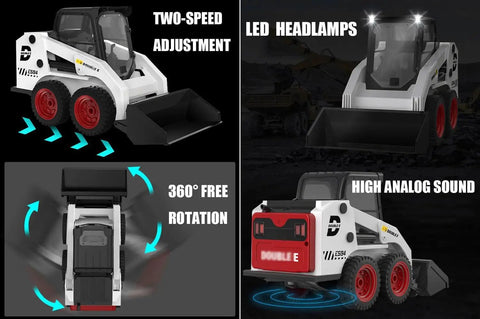One Fourteenth Scale RC Skid Steer Loader With Eleven Channel Full Function Remote featuring LED lights and 360 rotation